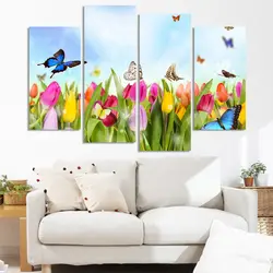 Современная Настенная живопись 4 шт тюльпан и бабочка цветок холст без рамы Весна пейзаж живопись на стене высокое качество