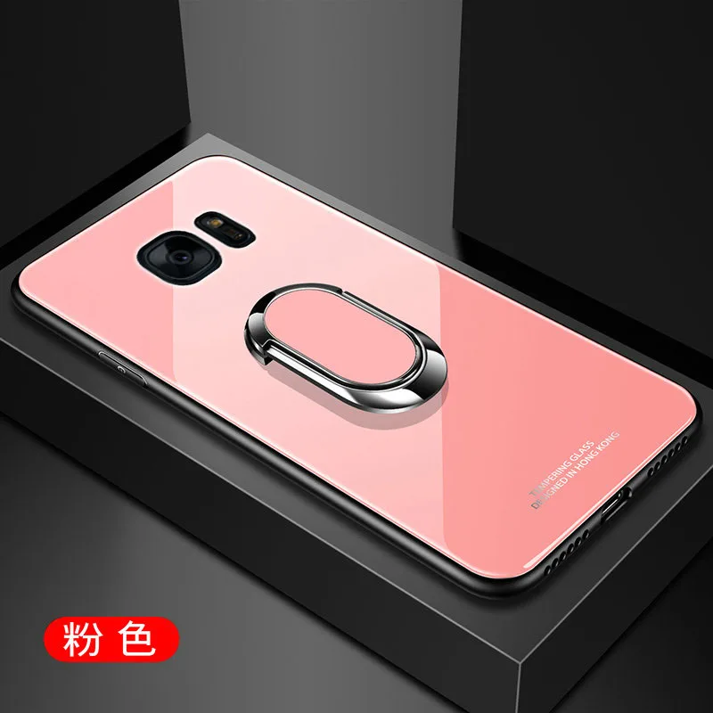 For Samsung Galaxy S7 edge Case Hard Tempered Glass With Stand Ring Magnet Protect Back Cover Case for samsung s7 s7edge shell - Цвет: pink