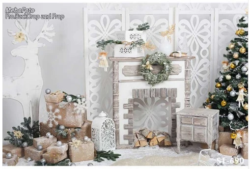 7x5ft Silver Screen Fireplace Reindeer Christmas Tree Washable Wrinkle Free Photo Studio Background Backdrop Polyester Fabric |