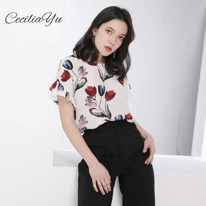 

2019 Summer T-shirt Women New Style Short-sleeved Loose 100% Silk Women T-shirt Retro Printed Silk Top Women Ceciliayu