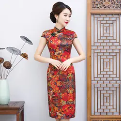Летнее китайское элегантное платье с цветочным принтом, сексуальное вечернее платье Cheongsam, винтажное атласное платье Qipao, классический