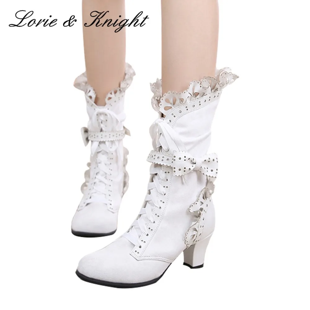 High Quality Japanese Style Sweet Ruffle Trim Lace Up Bow Princess Boots Lolita Cosplay Boots ruffle trim crop floral wrap top