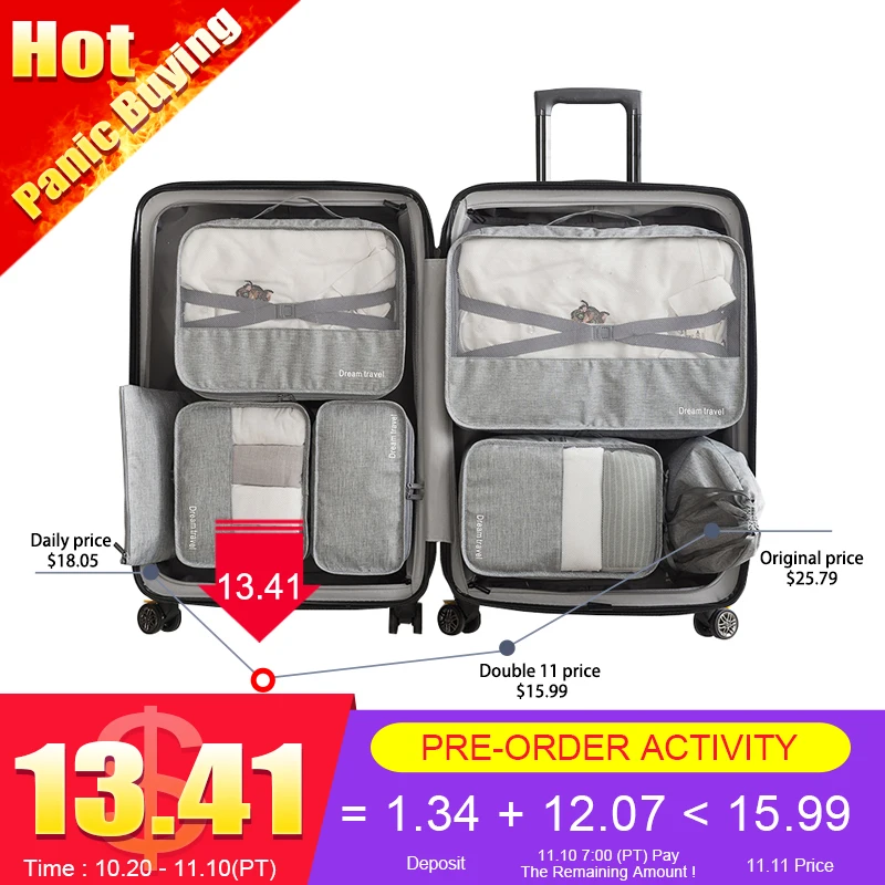 

Mihawk Waterproof Travel Tote System Durable 7 Pieces One Set Packing Cube Unisex Clothing Sorting Large Capacity Of Tidy Pouch