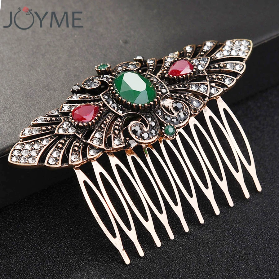 Women Vintage Hair Combs Turkish Ethnic Green Jewelry with Acrylic