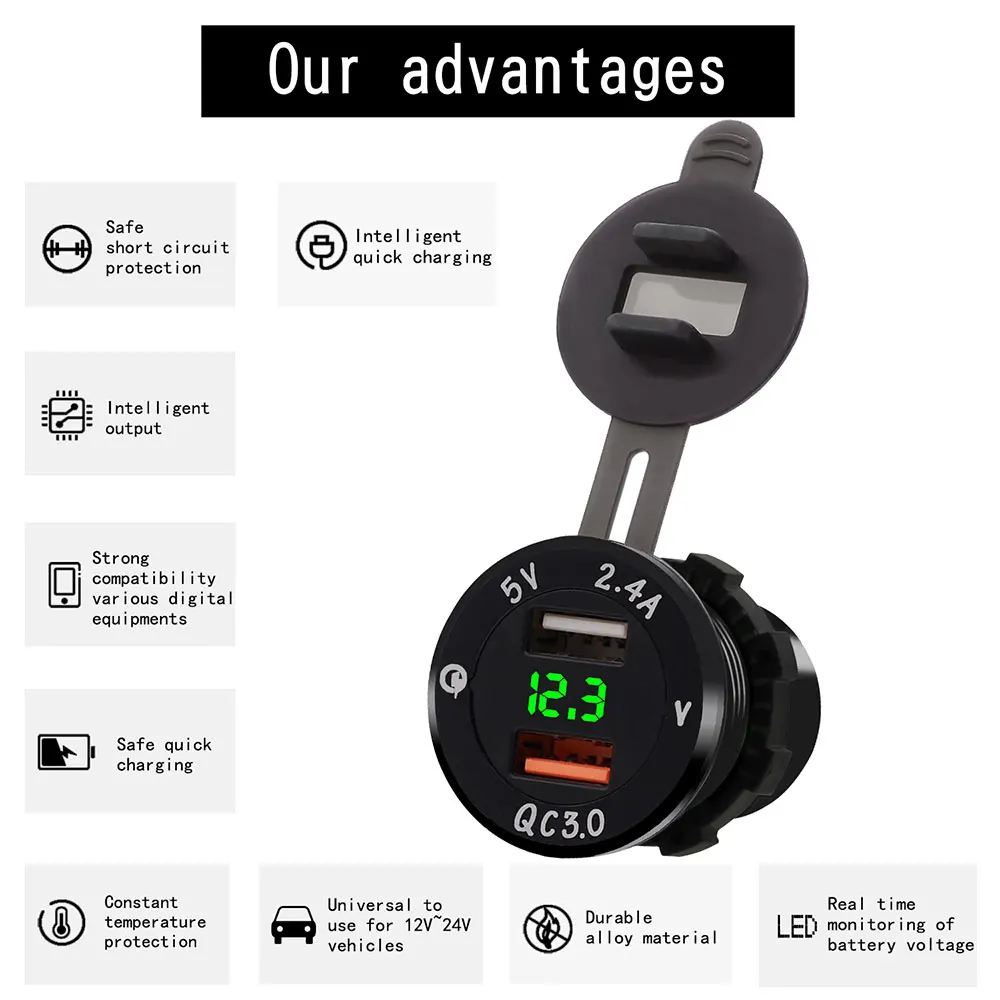 Зарядное устройство Buendeer с двумя USB портами QC3.0 и 2.4A адаптер для прикуривателя в