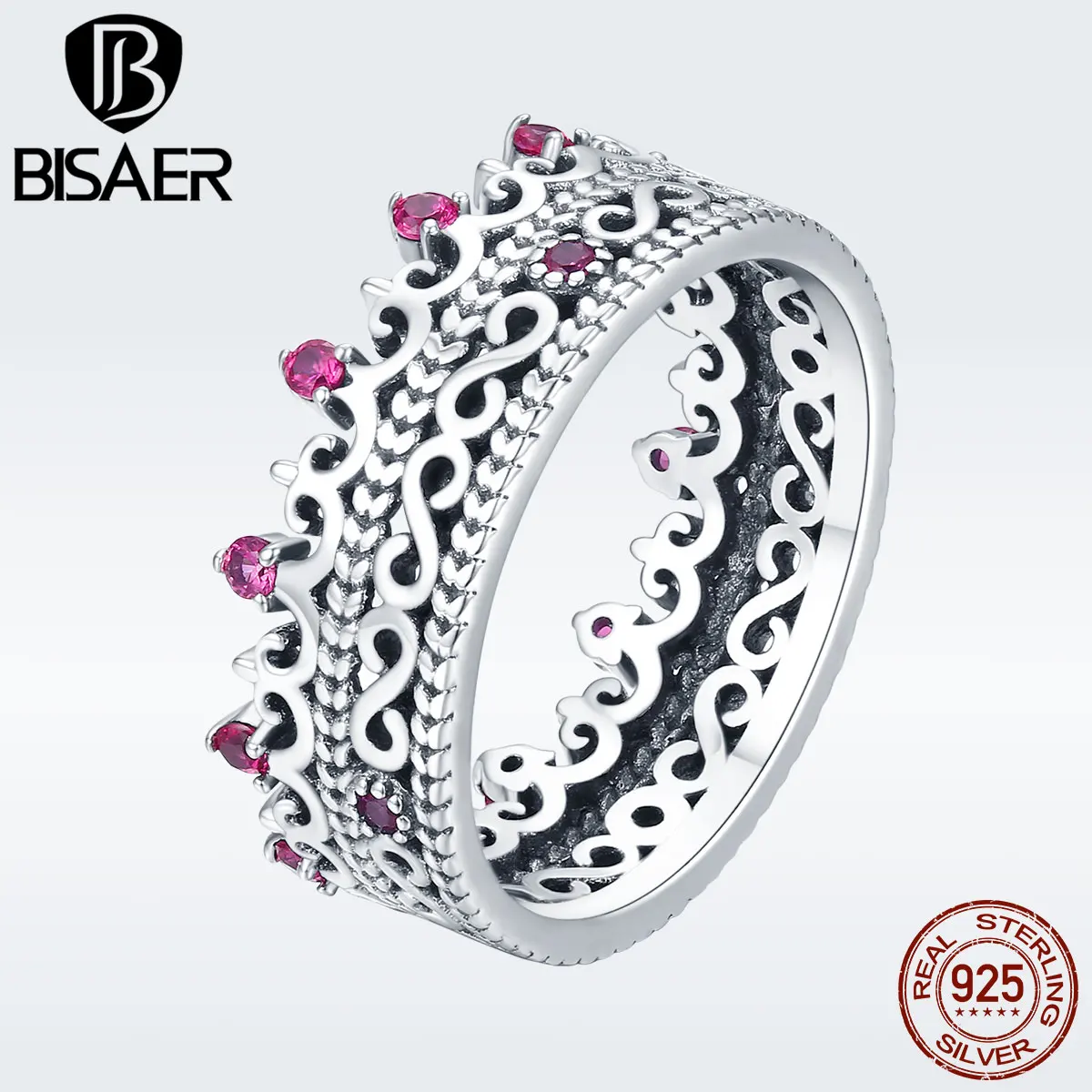 

BISAER Real 925 Sterling Silver Royal Crown Finger Ring for Women Stackable Fashion Statement Jewelry Valentine Gifts GXR487