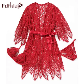 

Fdfklak New Design 2020 Summer Sexy Half Robe Night Dressing Gowns For Women Lace Bathrobe Red/Black Night Robe Women Q1257