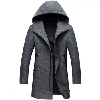 

HOT !! Autumn Men's Wool Overcoats Hight Quality Medium - Length Style Zipper Overcoats Whit Hooded Men's Casual Cost M-3XL