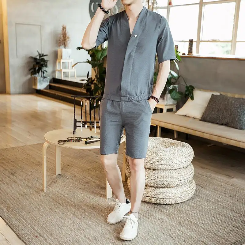 Летний льняной короткий комплект для мужчин брендовая мужская Футболка повседневный пляжный комплект большой 5XL футболка костюм модный костюм Мужская кимоно Китайская одежда - Цвет: Gray Linen Sets