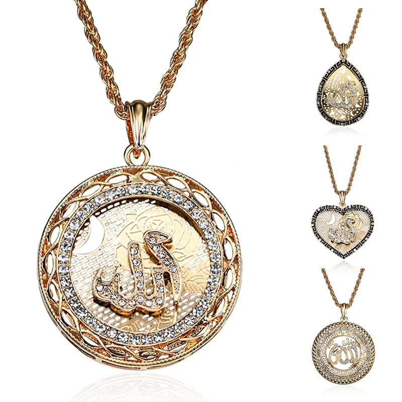 New Punk Geometric Round Waterdrop Heart Allah Necklaces Pendant For Women Men Crystal Long Necklace Arab Muslim Islam Jewelry