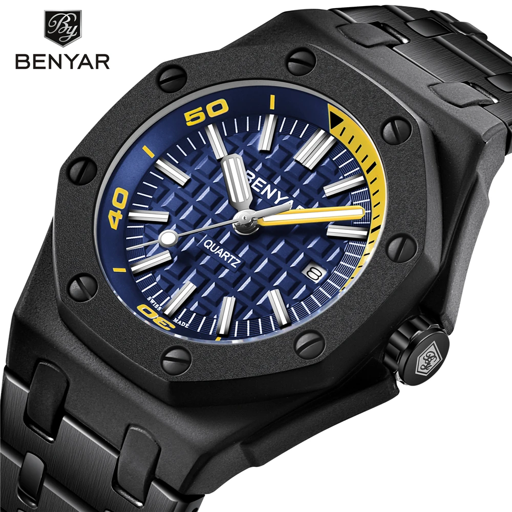 

New BENYAR Men's Watches Military Sport Watch Men Business Stainless Steel Strip 30M Waterproof Quartz Watches Relogio Masculino