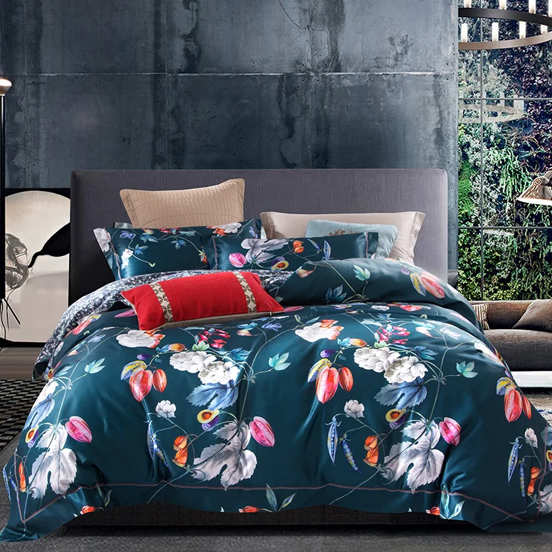 

4pcs New Luxury Tencel Cotton Colourful flower Bedding Set Digital Printing Duvet cover set Bed Sheet Pillowcase Queen King size