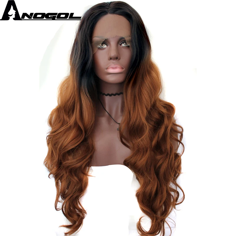 

Anogol High Temperature Fiber Brazilian Hair Peruca Perruque Black Ombre Brown Wigs Long Body Wave Synthetic Lace Front Wig
