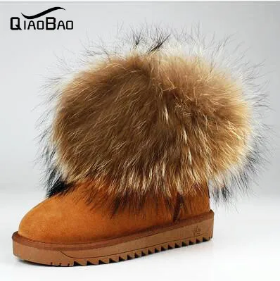 QIAOBAO 100 Cowhide Leather Raccoon Fur Boot Woman snow boots winter Leather fox fur snow boots