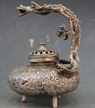 

5.5 Tibet Buddhism White Copper Silver Dragon Censer incense burner Statue