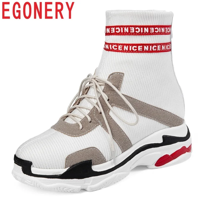 

EGONERY size 32-43 new mixed colors knitting cross-tied zipper women shoes med wedges platform black and white ankle boots