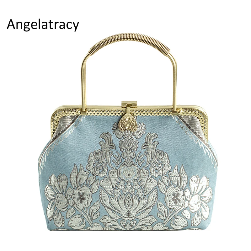 

Angelatracy Handmade China Cheongsam Bag Royal Handbag for Women 2018 Floral Handbag Jacquard Brocade Messenger Bag Blue Silver