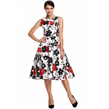 1950s Style Summer Retro Sleeveless Pinup Rockabilly Swing Red Flower Printing Party Vintage Dress S-XXL Sizes