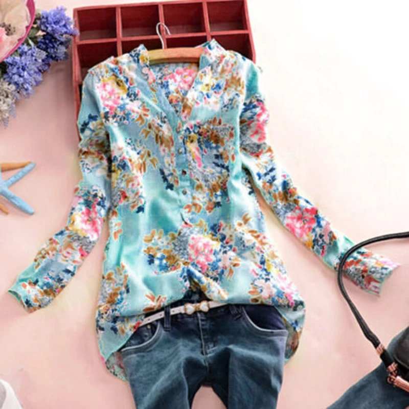 

Women Floral Print Shirts Plus Size 3XL 4XL 5XL V Neck Long Sleeve Casual Tunic Elegant Prairie Style Blouse Tops