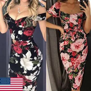 

Sexy Womens Short Sleeve Knee Dress Lady Summer Flower Print Evening Party Dress