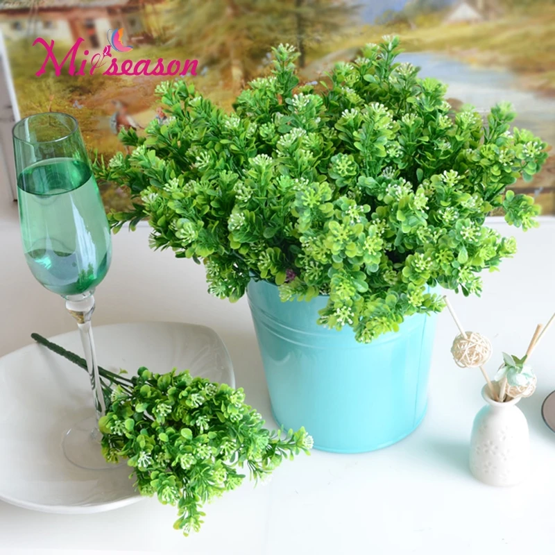 7 Branch/Bouquet Silk Fake Green Plant Fake Milan Artificial Grass With Leaf Setting Wedding Wall Decoration Flower Accessories