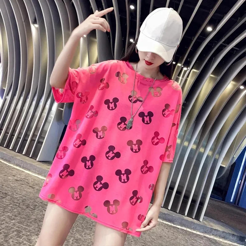 

Summer Oversized T-Shirt Cartoon Transparent Print Hollow Out loose T-Shirt Hiphop Short-Sleeved Women's T-Shirt Top