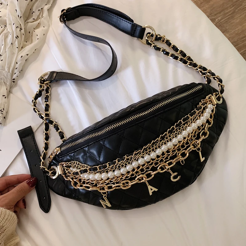 Cool Chain Gold Letters Plaid Leather Fanny Waist Pack Waist Bag Casusl Waterproof Antitheft Leather Muti-function Bag for Women