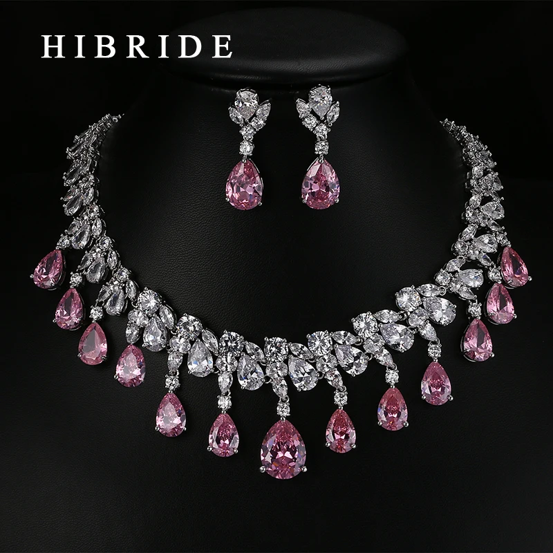 Conjunto de joyería nupcial de Zirconia cúbica AAA con forma de gota de lágrima de alta calidad HIBRIDE, juego de joyas de Color oro blanco N-59 - 1