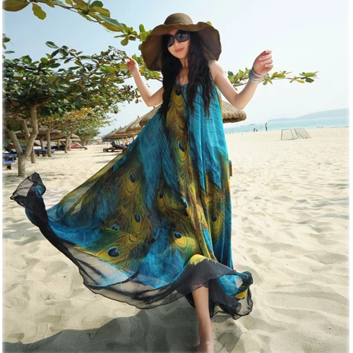 

Chiffon Women Party Boho Dress Peacock Print Long Beach Sleeveless Dress Blue N1