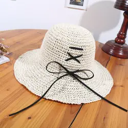 SUOGRY ручной работы крючком Для женщин летние Шапки широкими полями соломенная шляпа с бантом флоппи складная шляпа от солнца женские