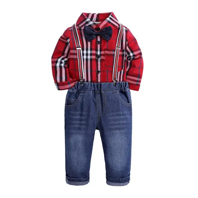 Toddler Boys Clothing Set Gentleman Suit Kids Red Bow Tie Plaid Shirt+Straps Jeans Pant Children