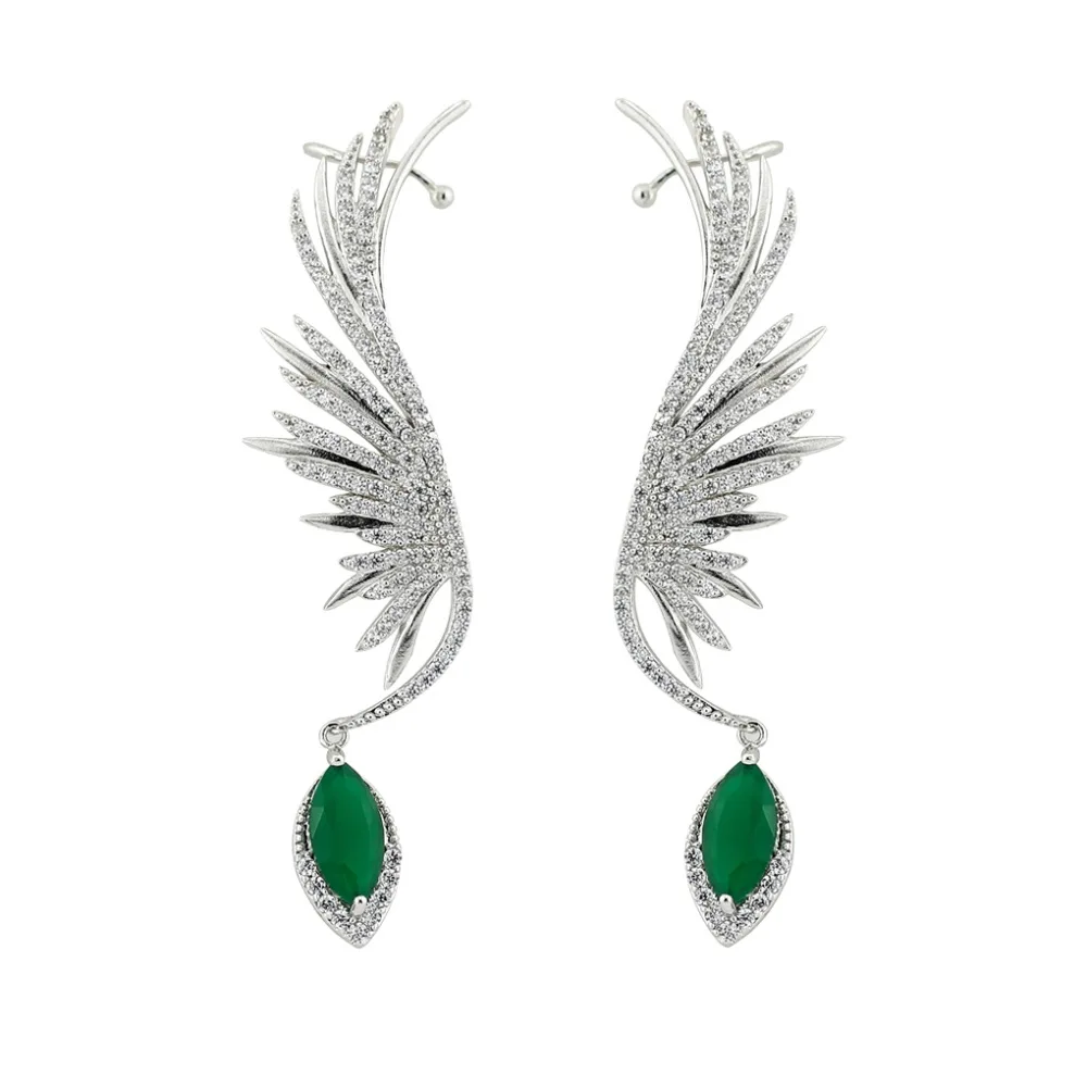 

Full 5A CZ Cubic Zirconia Feather Green Dangle Bridal Wedding Earring for Women Jewelry with 925 Silver Pin CE10020