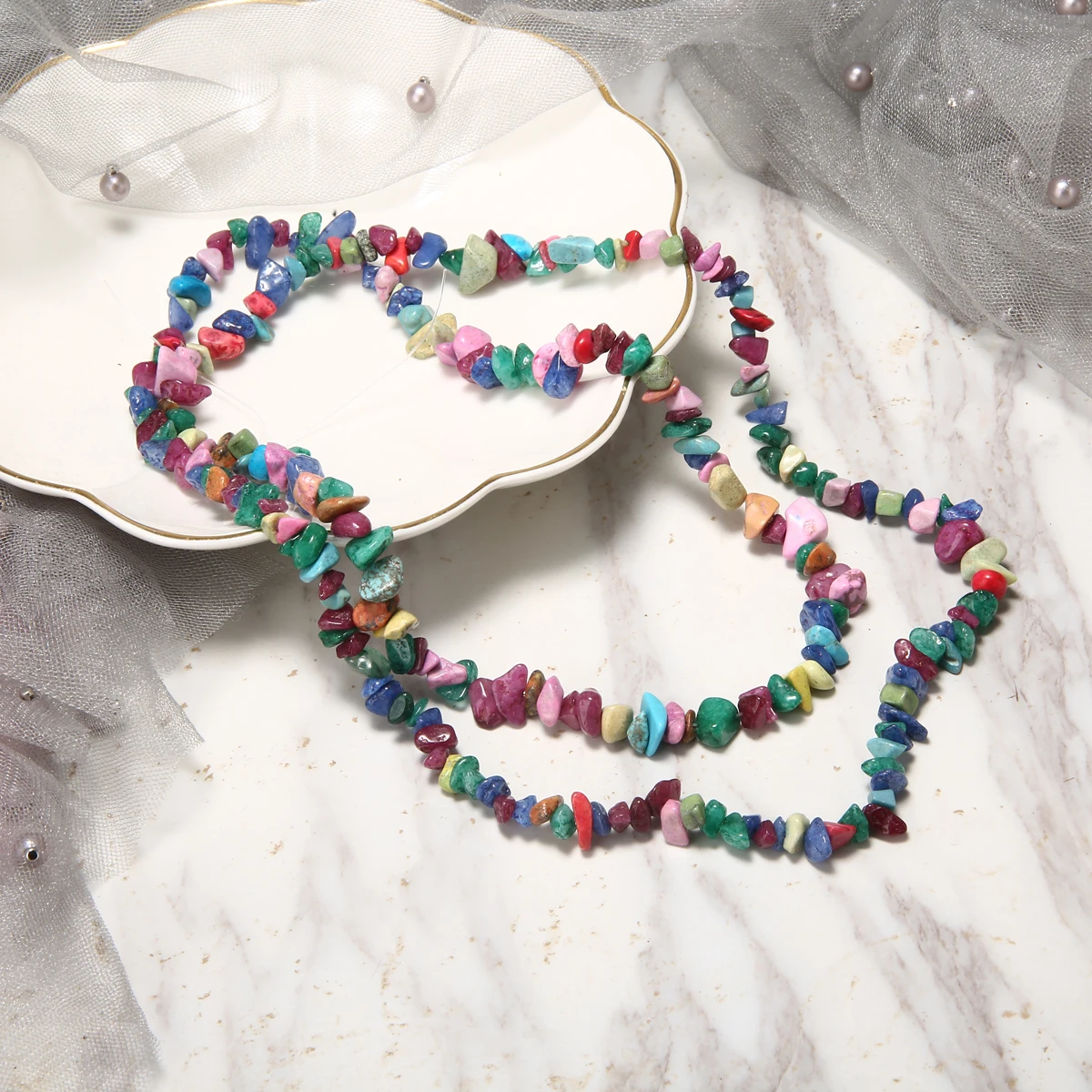 New About 60g Gemstone Gravel Bead Mixed Color Jewelry Beads for Home Party Decor Ornaments Stone Craft DIY Gift 84cm Long