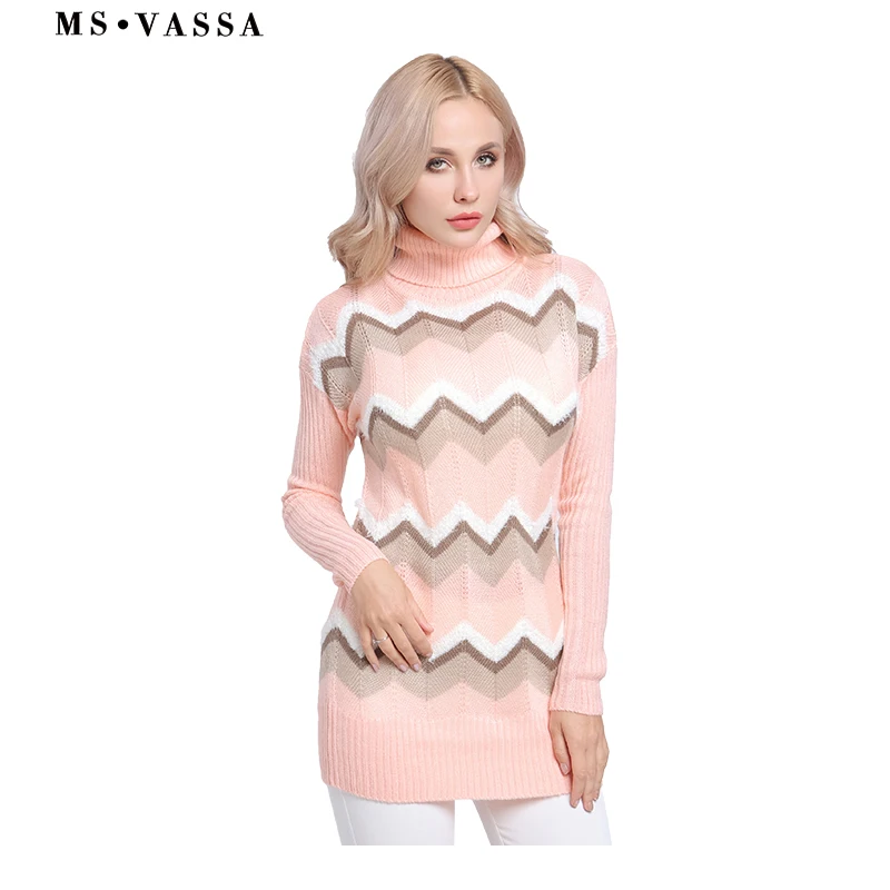 MS VASSA Plus size Sweaters Ladies 2018 New Knitted stripe Women pullovers Autumn Winter Turtleneck jumpers oversized 5XL