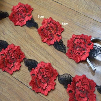 

2Y/lot red shiny silk connecting floral Embroidery Hight quality lace fabrics embroidered lace trim 1731108