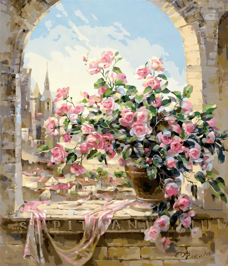 154 Bricolage Salle à Manger Fleur Rose Géranium Numérique Peinture Par Numéros Peinture Toile Coloriage Dessin Par Numéros Maison Décoration