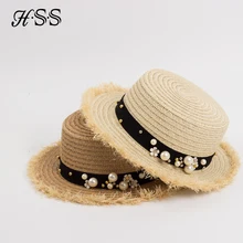 HSS חמה מכירה + ראש שטוח קש כובע קיץ אביב טיול של נשים כובעי פנאי פרל חוף שמש כובעי M מכתב לנשימה אופנה פרח(China)