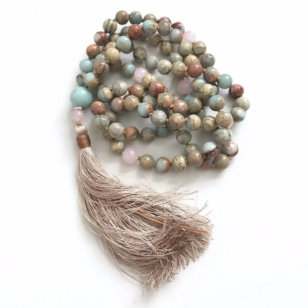 

108 Mala Bead Necklace Aqua Terra Jaspers Hand Knotted Necklace Meditation Mala Necklaces Prayer Yoga tassel Necklaces