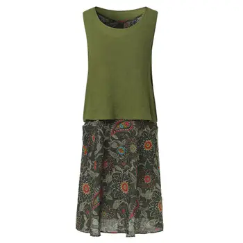 

2Pcs/Set Plus Size Retro Lady Solid Color Vest Tank Top Paisley Print Maxi Dress chic