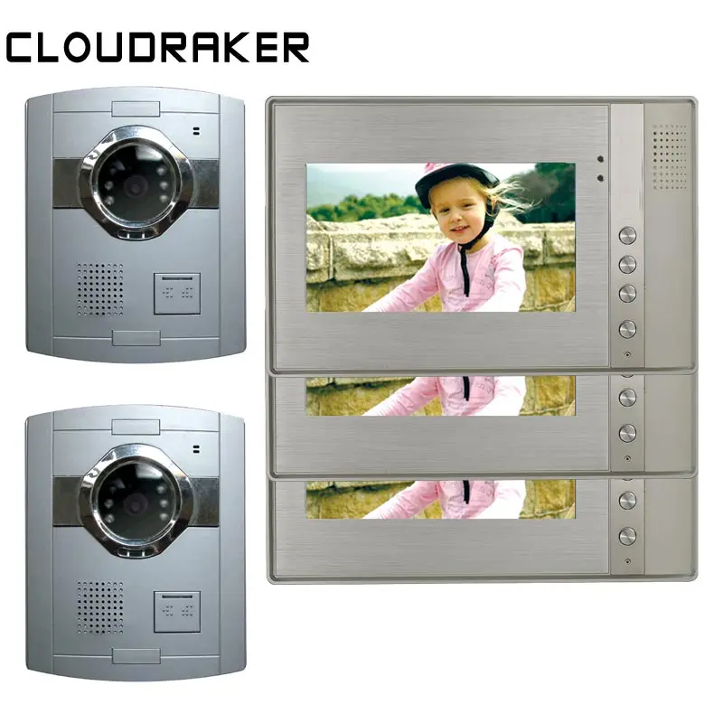 

CLOUDRAKER 7'' Video Doorbell Intercom System 3x Metal Texture Monitor with 2x Wired Door Phone Camera Video Intercom