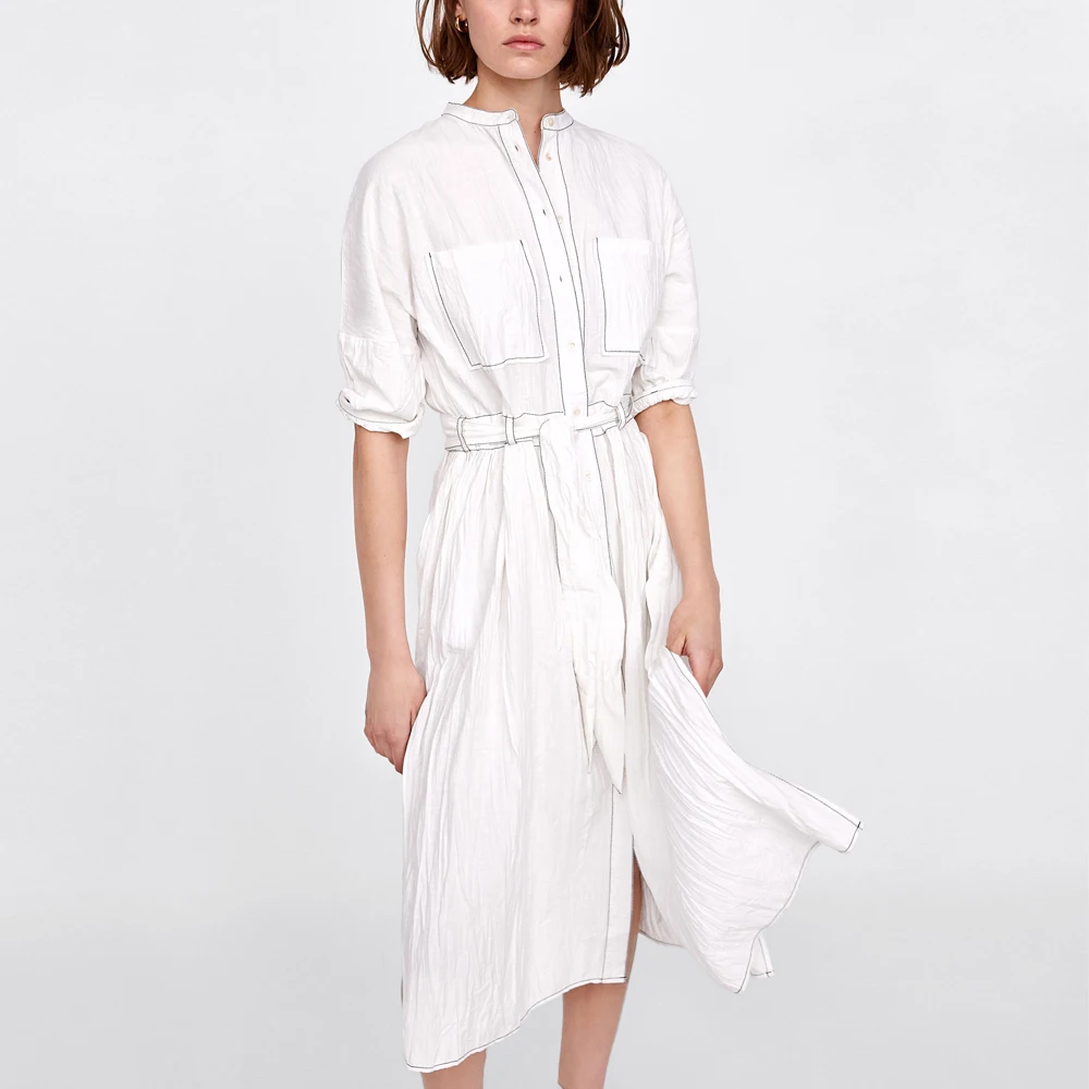 

Beach Style Summer Dress 2019 White Cool Wind Women Dress Long Sleeve V-neck Button Front Dress with Tie Long Split Vestidos New
