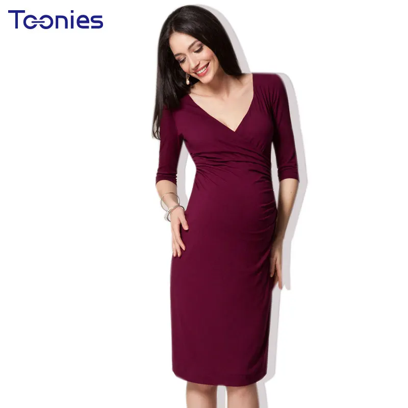 Hot European Style Pregnant Women's Dresses Long Sleeved V neck Claret