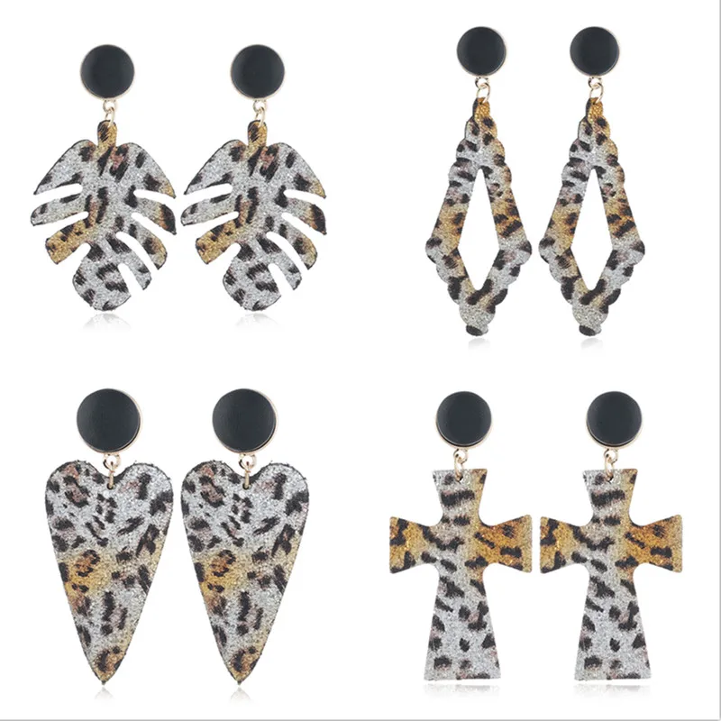 

Women Vintage Leather Round Square Geometric Punk Big Drop Earring Leopard Print Long Dangle Earrings Accessories Jewelry