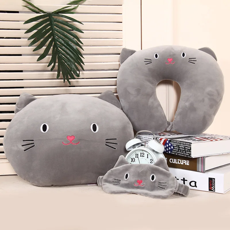 

Cute Cat Pattern Travel Pillow with Eye Mask Cartoon U Type Pillow Cotton Neck Care Flight Car Pillow Airplane Office Nap