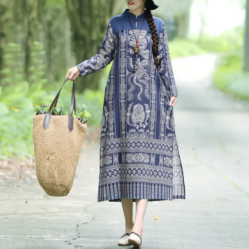 

Spring Autumn Ethnic Stand collar Button Old-fashioned cloth Patchwork Large size Long sleeve Vintage Print women dress Robe