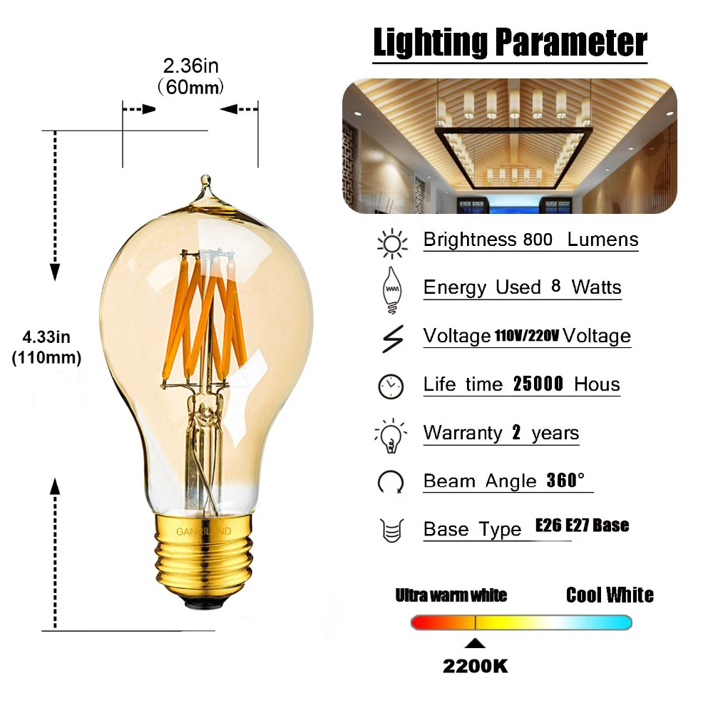 Ganriland A19 затемнения Винтаж Глобус лампы золотой оттенок Edison светодио дный свет лампы накаливания E27 8 Вт 2200 К декоративная подвеска лампы