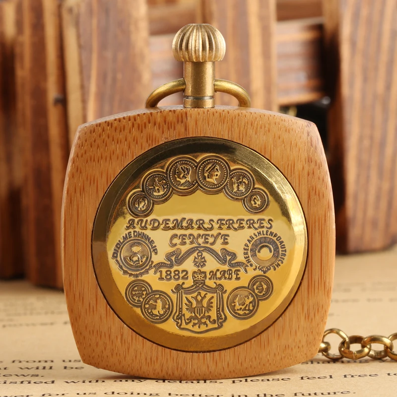 Top Luxury Square Mechanical Hand Winding Royal Red Bamboo Wood Pocket Watch Retro Antique Gifts for Men Women + 30cm Gold Chain (16)