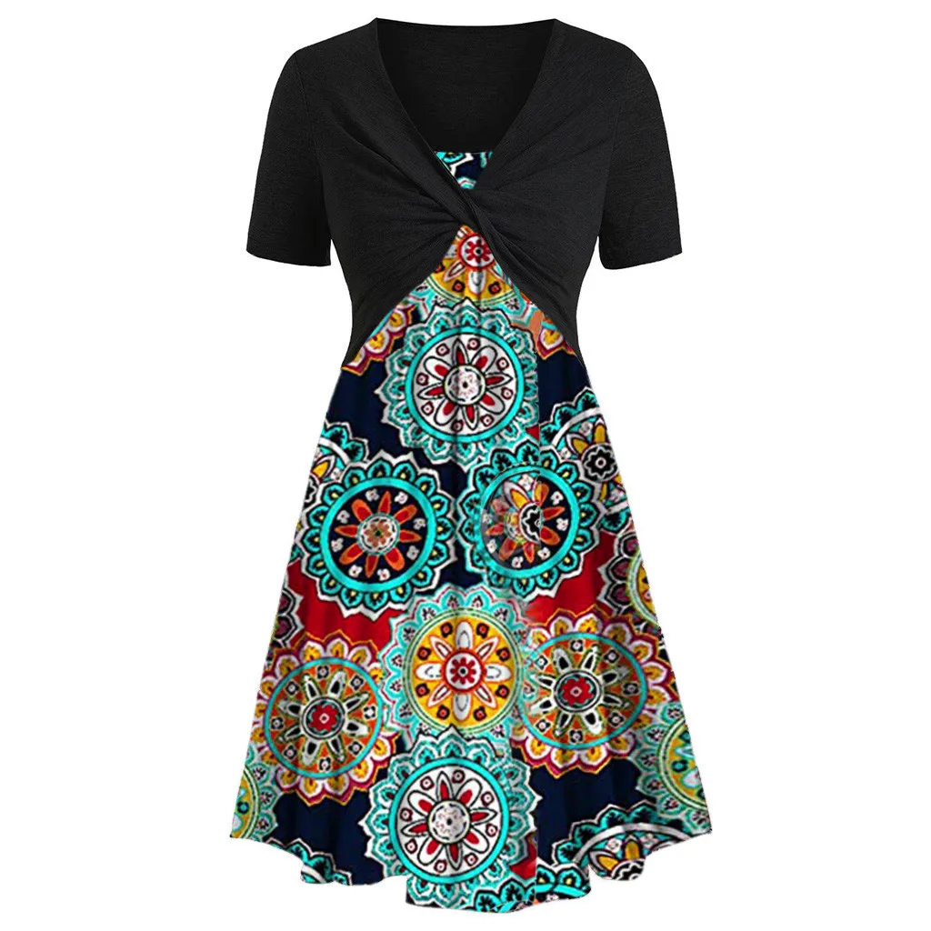 Спальное платье#401 Новая мода женский топ с коротким рукавом спереди крест-накрест+ цветочный принт мини-платье костюмы повседневное Горячая