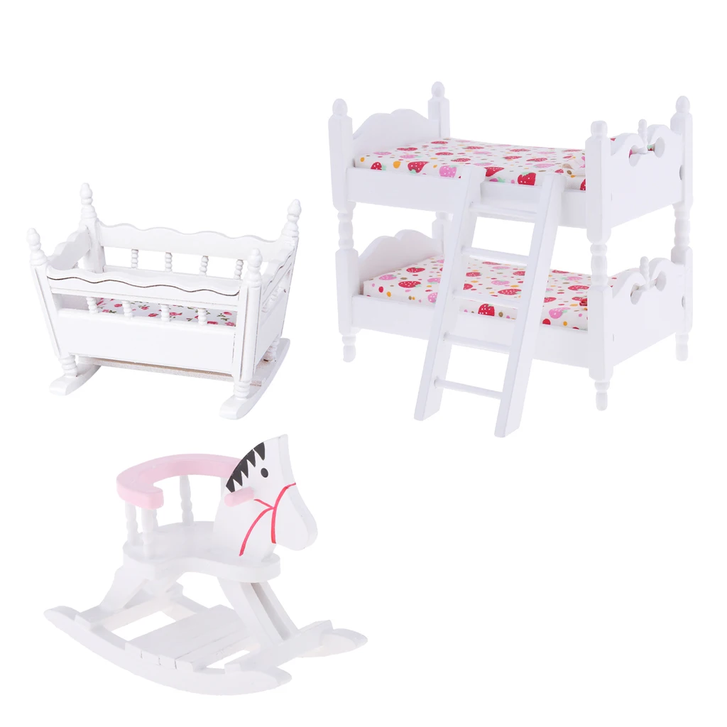 White 1/12 Scale Dollhouse Furniture Children Nursery Bedroom Bunk Bed Cradle Rocking Horse Set