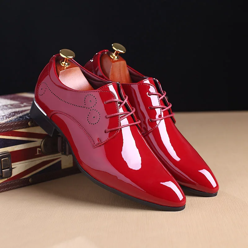Высококачественная брендовая мужская официальная обувь; мужские кожаные модельные туфли-оксфорды; модные деловые мужские туфли; свадебные туфли с острым носком; большой размер 48 - Цвет: Красный